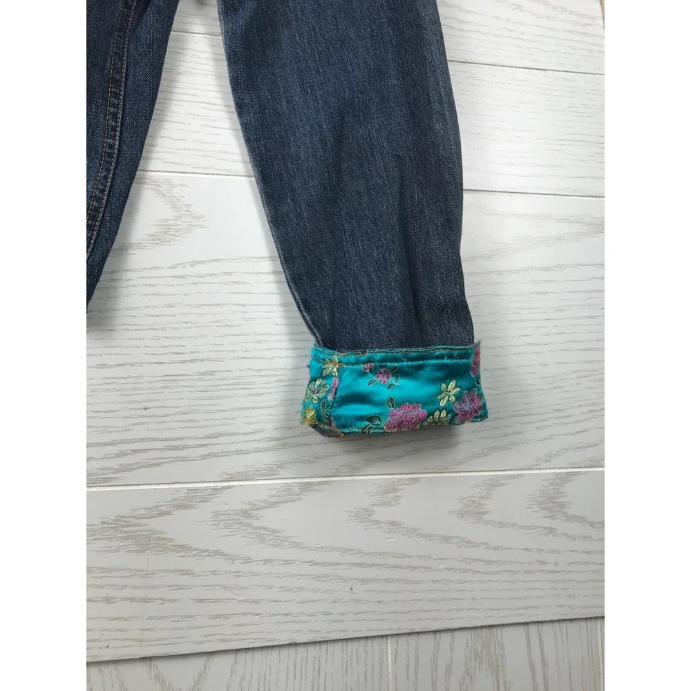 Chicos Denim Jacket Women M Blue Floral Lining Cuff Collar 100% Cotton Button Up - Picture 7 of 12